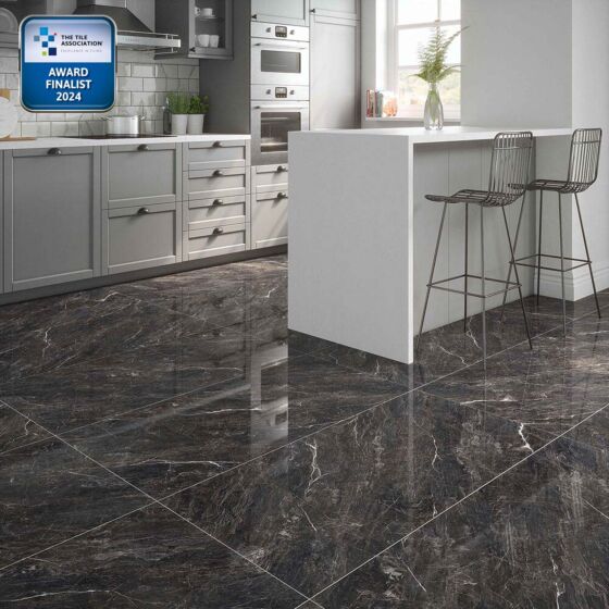 Zeus Midnight Black Glazed Porcelain Wall & Floor Tile 600x600mm Pack of 3